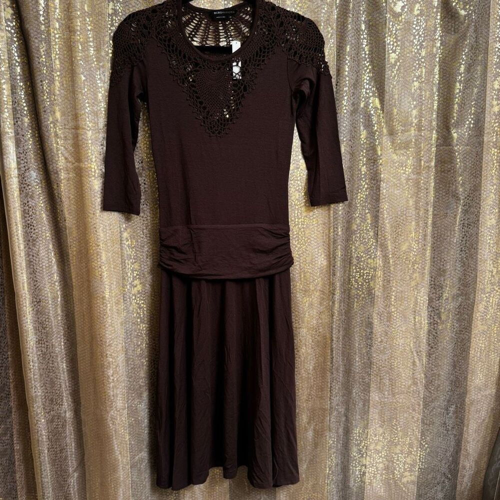 BCBGMAXAZRIA Chocolate Brown Crochet Hand Knit Stretchy Dress XS NWT
